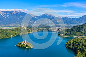 Bled Island and Lake Bled from Osojnica Hill, a popular tourist destination in Slovenia