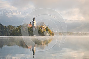 Bled Lake on a beautiful foggy morning