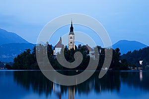 Bled Lake with Church Island and Castle Behind at Dusk