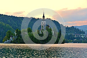 Little Island with Catholic Church in Bled Lake, Slovenia