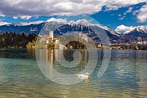 Bled Lake,Island,Church,Castle,Mountain-Slovenia