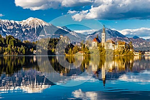 Bled Lake,Island,Church,Castle,Mountain-Slovenia