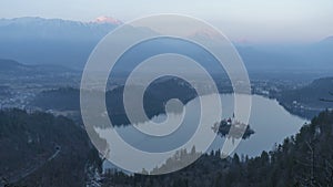 Bled Lake and Marijinega Vnebovzetja Church. Slovenia. Aerial View