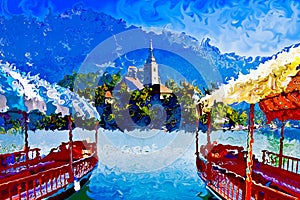 Bled Lake, the most famous lake in Slovenia with the island of the church Europe - Slovenia - Art concept image with painted