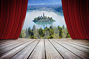 Bled lake, the most famous lake in Slovenia with the island of the church Europe - Slovenia - concept image with open theater