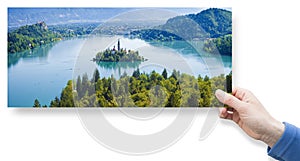 Bled lake, the most famous lake in Slovenia with the island of the church Europe - Slovenia - panoramic view - concept image