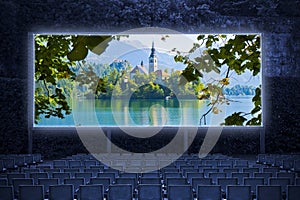 Bled lake, the most famous lake in Slovenia with the island of the church Europe - Slovenia - panoramic view - Outdoor cinema
