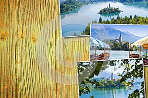 Bled lake, the most famous lake in Slovenia with the island of the church Europe - Slovenia - Postards concept on colored wooden