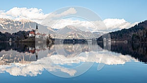 Bled lake Slovenia apls mountains behind