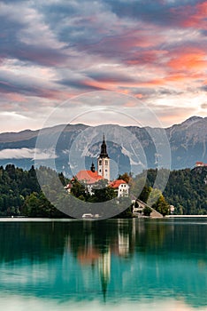 Bled Lake in Slovenia with Church on Island at Sunrise. Slovenia Top Romantic Travel Destination