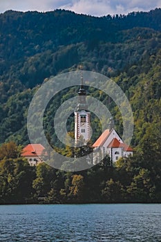 Bled Lake in Slovenia with Church. Slovenia Top Romantic Travel Destination