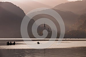 Bled Lake in the sunset with boat