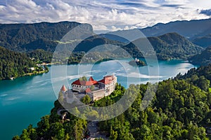 Bled, Slovenia - Aerial drone view of beautiful Bled Castle Blejski Grad with Lake Bled Blejsko Jezero