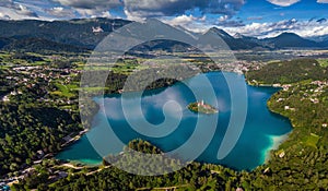 Bled, Slovenia - Aerial panoramic skyline view of Lake Bled Blejsko Jezero from high above with the Pilgrimage Church