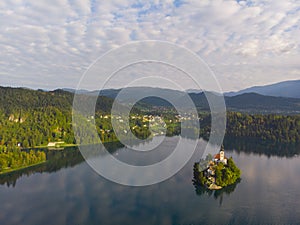 Bled, Slovenia - Aerial panoramic skyline view of Lake Bled Blejsko Jezero from high above with the Pilgrimage Church.