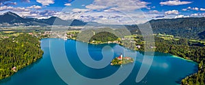 Bled, Slovenia - Aerial panoramic skyline view of Lake Bled Blejsko Jezero with the Pilgrimage Church of the Assumption of Maria