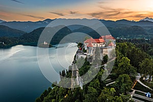 Bled, Slovenia - Aerial panoramic view of beautiful Bled Castle with Lake Bled, the Church of the Assumption of Maria