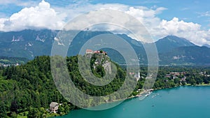 Bled, Slovenia, aerial view of beautiful Bled Castle (Blejski Grad) with Lake Bled (Blejsko Jezero)