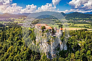 Bled, Slovenia, aerial view of beautiful Bled Castle (Blejski Grad) with Lake Bled (Blejsko Jezero) photo