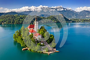 Bled, Slovenia - Aerial view of beautiful Lake Bled Blejsko Jezero with the Pilgrimage Church of the Assumption of Maria