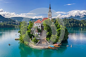 Bled, Slovenia - Aerial view of beautiful Pilgrimage Church of the Assumption of Maria on a small island at Lake Bled