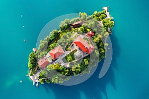 Bled, Slovenia - Aerial view of Lake Bled Blejsko Jezero from above the Pilgrimage Church of the Assumption of Maria