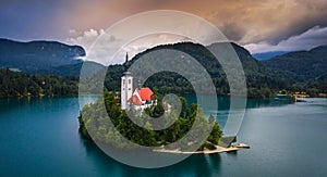 Bled, Slovenia - Aerial view of Lake Bled Blejsko Jezero with the beautiful Pilgrimage Church of the Assumption of Maria