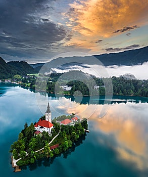 Bled, Slovenia - Beautiful aerial view of Lake Bled Blejsko Jezero with the Pilgrimage Church of the Assumption of Maria