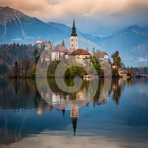 Bled, Slovenia - Beautiful autumn sunrise at Lake Bled with the famous Pilgrimage Church of the Assumption of Maria