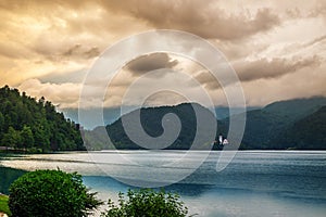 Bled, Slovenia - Beautiful golden sunset above Lake Bled Blejsko Jezero