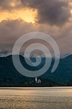 Bled, Slovenia - Beautiful golden sunset above Lake Bled Blejsko Jezero at summer