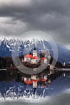 Bled, Slovenia - Beautiful view of Lake Bled with reflecting Pilgrimage Church of the Assumption of Maria on Bled Island