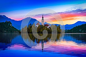 Bled, Slovenia. Morning view of Bled Lake, island and church with Julian Alps in background