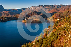 Bled, Slovenia - Panoramic skyline view of Lake Bled with warm autumn foliage