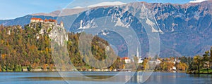 Bled, Slovenia panoramic view with castle