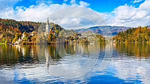 Bled, Slovenia panoramic view with church