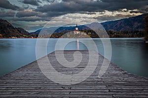 Bled, Slovenia - Sunset at the beautiful Lake Bled with PilgrimaBled, Slovenia - Sunset at the beautiful Lake Bled with Pilgrimage