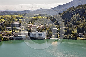 Bled town cityscape with lake