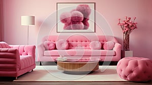 A blend of modern and cozy in the living room decor. pink in the style of Barbie