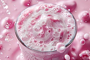 Blended berry drink, raspberry milkshake with bubbles close-up