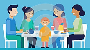 A blended family gathered around a dinner table with stepparents and stepsiblings interacting and getting to know each