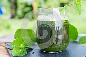 Blended green pennywort , asiatic juice with green background.