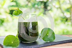 Blended green pennywort , asiatic juice with green background.