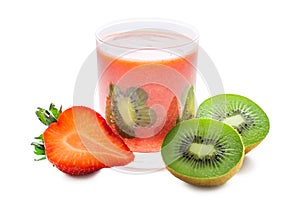 Blended strawberry juice in transparent glass decorated kiwi and strawberry isolated on white background, concept healthy drink