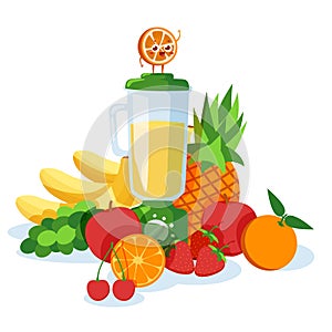 Blender with fresh fruit juice vector illustration. Refreshing healthy drink smoothie blended from orange, banana