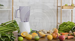 Blender and fresh ingredients on kitchen table, panorama