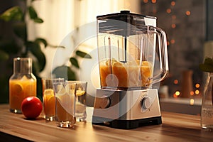 Blender with fresh juice and oranges on table in kitchen, closeup