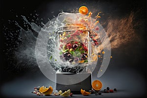 A blender full of fruit explodes and splashes juice and water, Generative AI