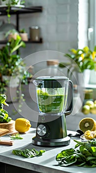 Blender with green smoothie. Energizing and health-boosting drink prep photo