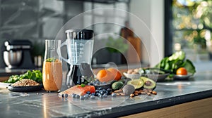 Blender on a modern kitchen countertop surrounded by healthy ingredients including salmon, avocado, blueberries, and leafy greens